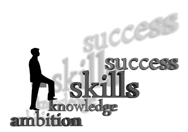 A silhouette of a man walking up a set of stairs made from the following words ambition knowledge skills success
